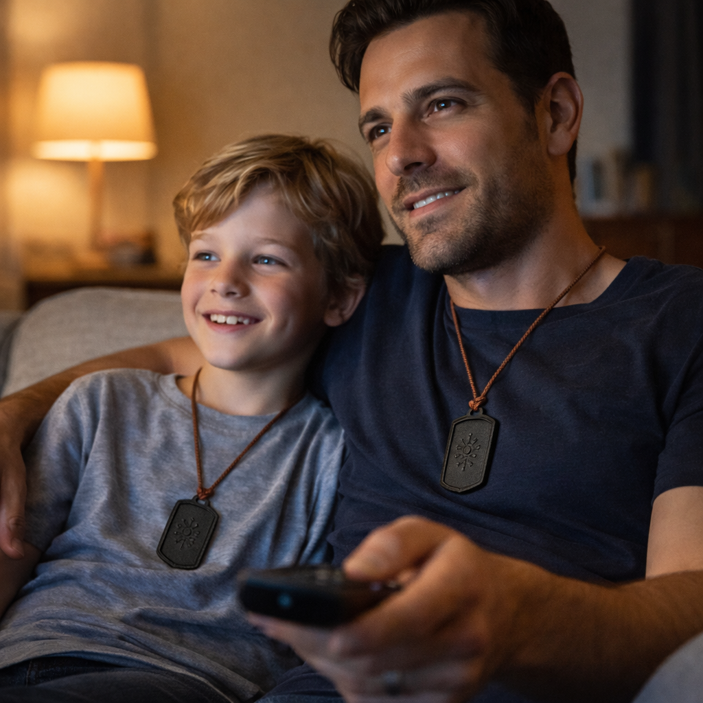 Papá e hijo con el Collar de Protección EMF