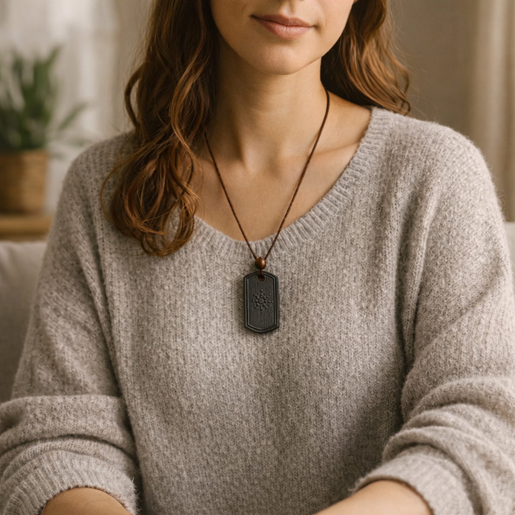 Mujer con el Collar de Protección EMF puesto